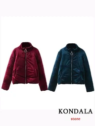 KONDALA Vintage Casual Women Jackets Solid O Neck Zipper Pocket Velvet Coats New Fashion 2023 Autumn Winter Thick Warm Outwears