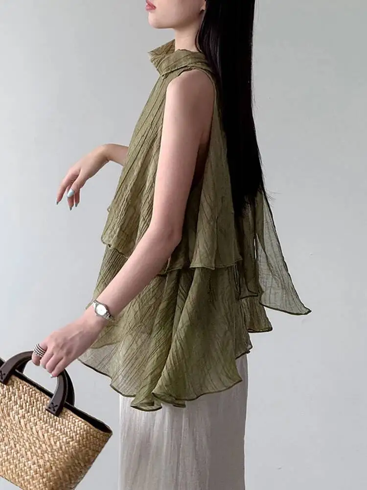 Women Green Pleated Thin Big Size Tank Tops New Halter Sleeveless Personality Fashion Tide Spring Summer