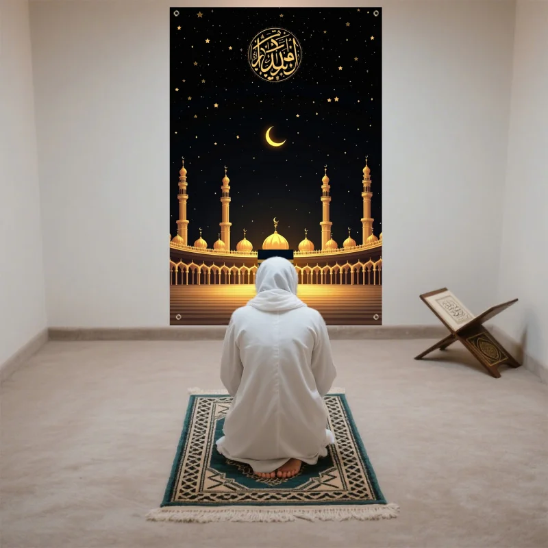 VIKAMA Star And Moon Mosque Black And Gold Tapestry Wall Hanging For Muslim Religious Events Family Gatherings Decoration Cloth