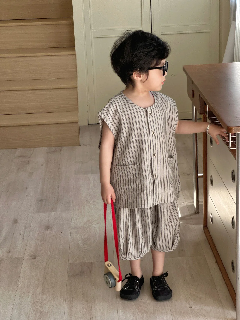 2025 New Summer Set Men's Baby Thin Cotton Striped Children's Tank Top Shorts for Girls Loose and Comfortable