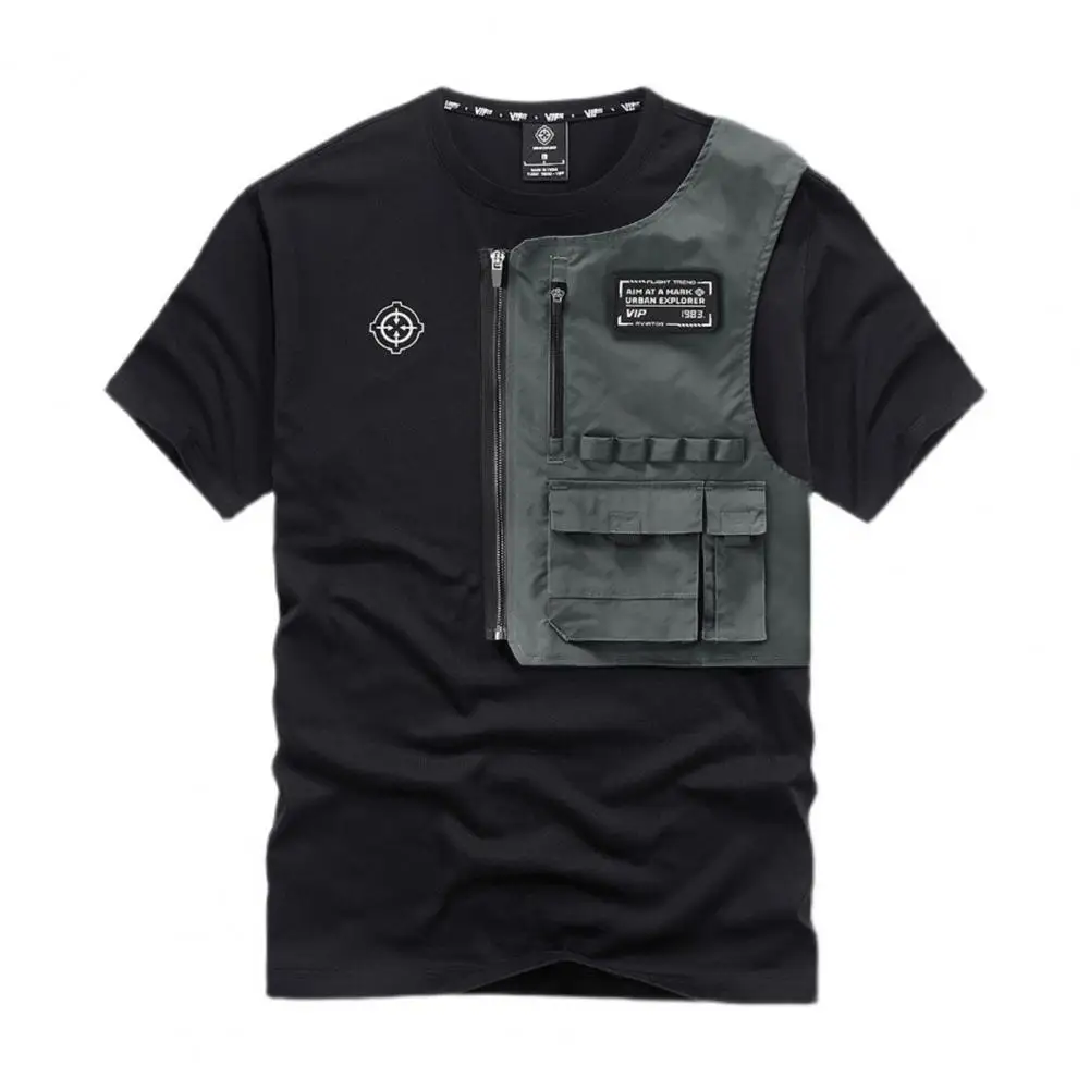 Men Shirt Zipper Decor Cool Detachable Pockets Young Style Soft Fabric O Neck Loose Hip Hop Style Crew Neck Men Tops Male Clothe