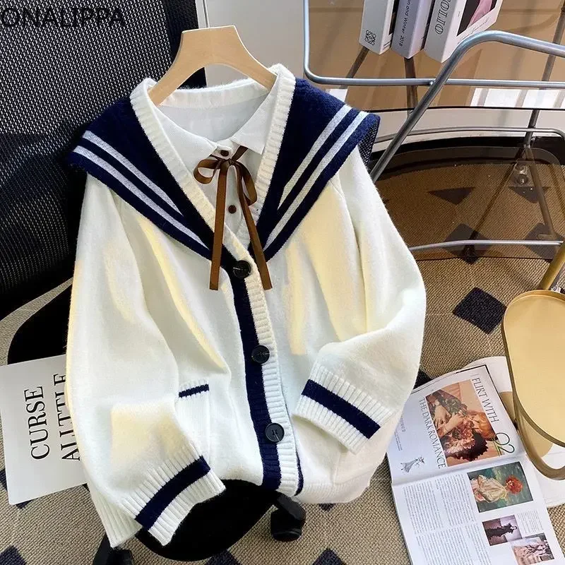 Onalippa-Women Contrast Striped Sailor Collar Knitted Cardigan Single Breasted Loose Cardigans, Japanese Preppy Style Sweet