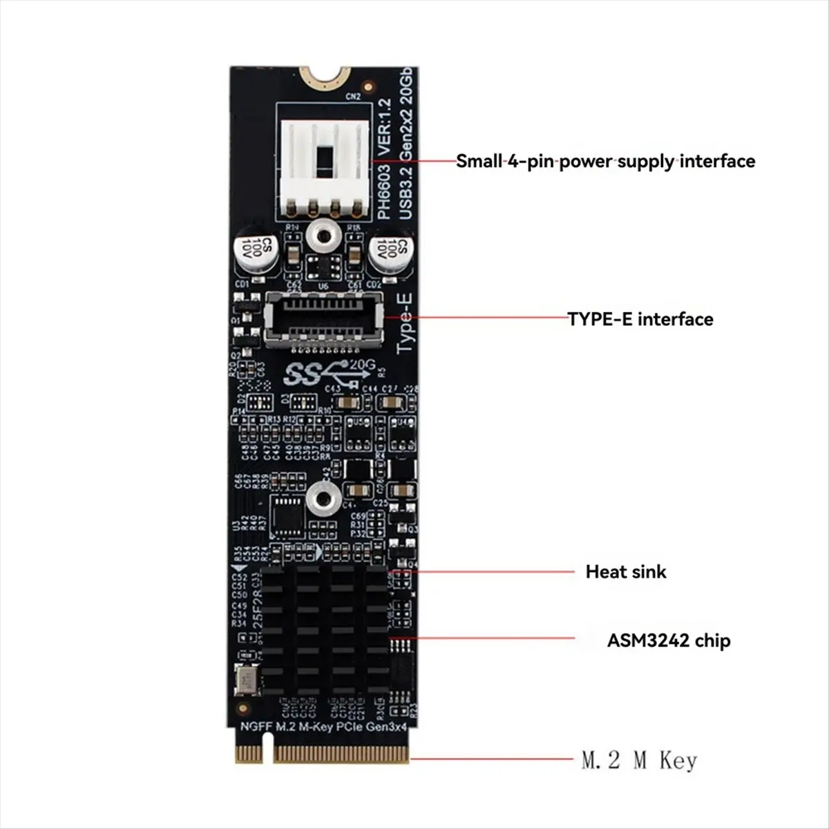 PH6603 M.2 MKEY PCIe إلى USB أمامي 3.2 20Gb M.2 NVME إلى TYPE-E محور بطاقة التوسعة للكمبيوتر الشخصي #5