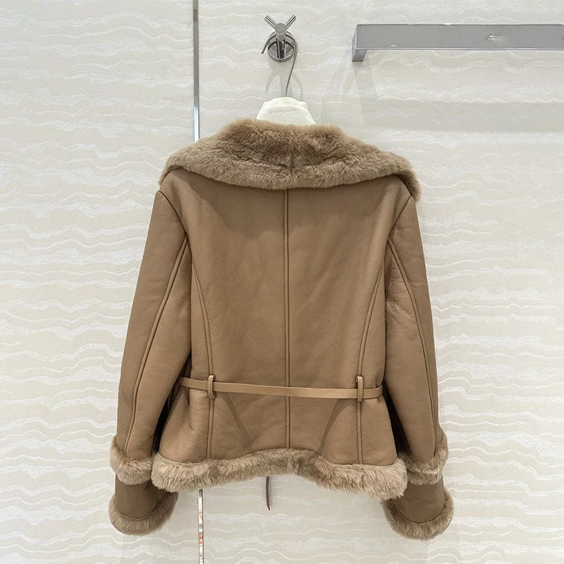 2024 AW Autumn New Cashmere Tweed Jacket Women Khaki Vintage Lapel Lace Up Leather Jacket Luxury Brands Women's Coats Short