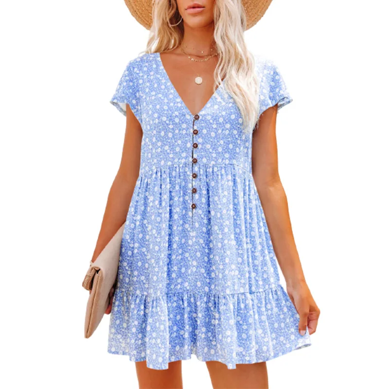 In Europe and the spring and summer independent stand v-neck button small broken flower loose women's leisure dress with short s