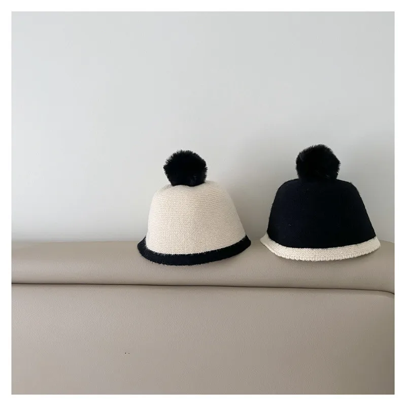 

New Arrivals 2023 Cute Balls Children's Bebe Bucket Hat Autumn Winter Knit Thick Warm 1-3T Baby Kids Hat Cap for Boy Girl