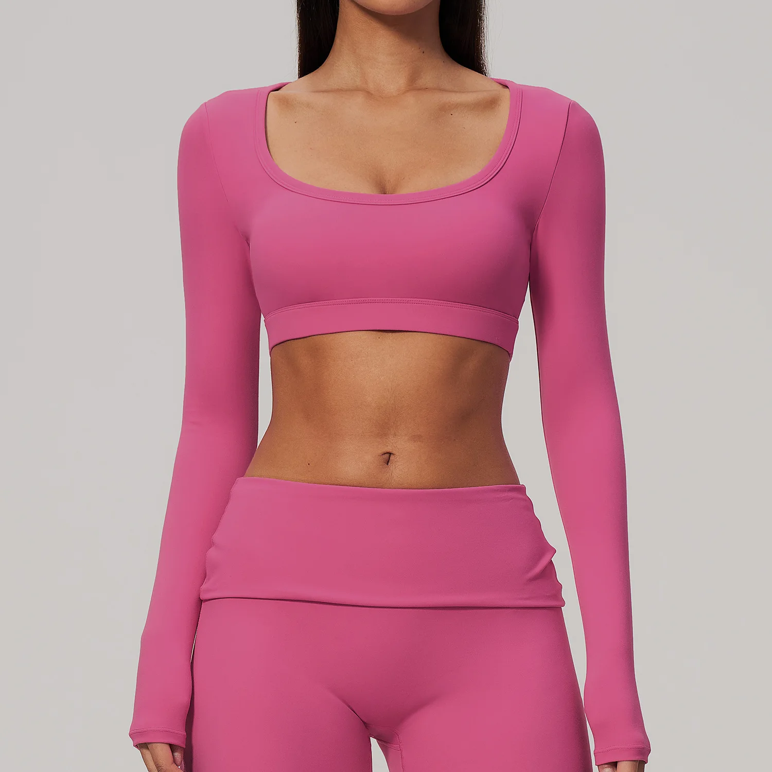 Women's Yoga Long Sleeved Fitness T-shirt Running Workout Gym Top U Neck Padded Slim Fit Crop Solid Color Breathable Stretchy
