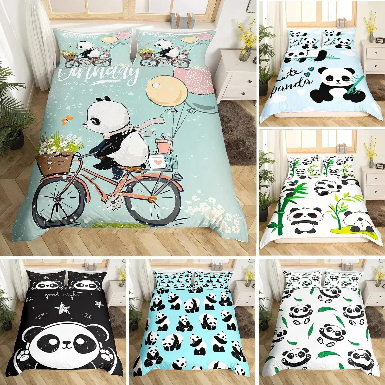 New 3d Animal Panda King Full Kids Romantic Bedding Set Cartoon Animal Duvet Cover Bicycle Balloon Dragonfly Quilt Cover