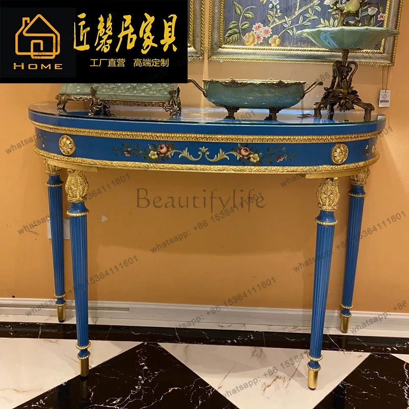 European romantic luxury all-solid wood gilded sapphire blue entrance table