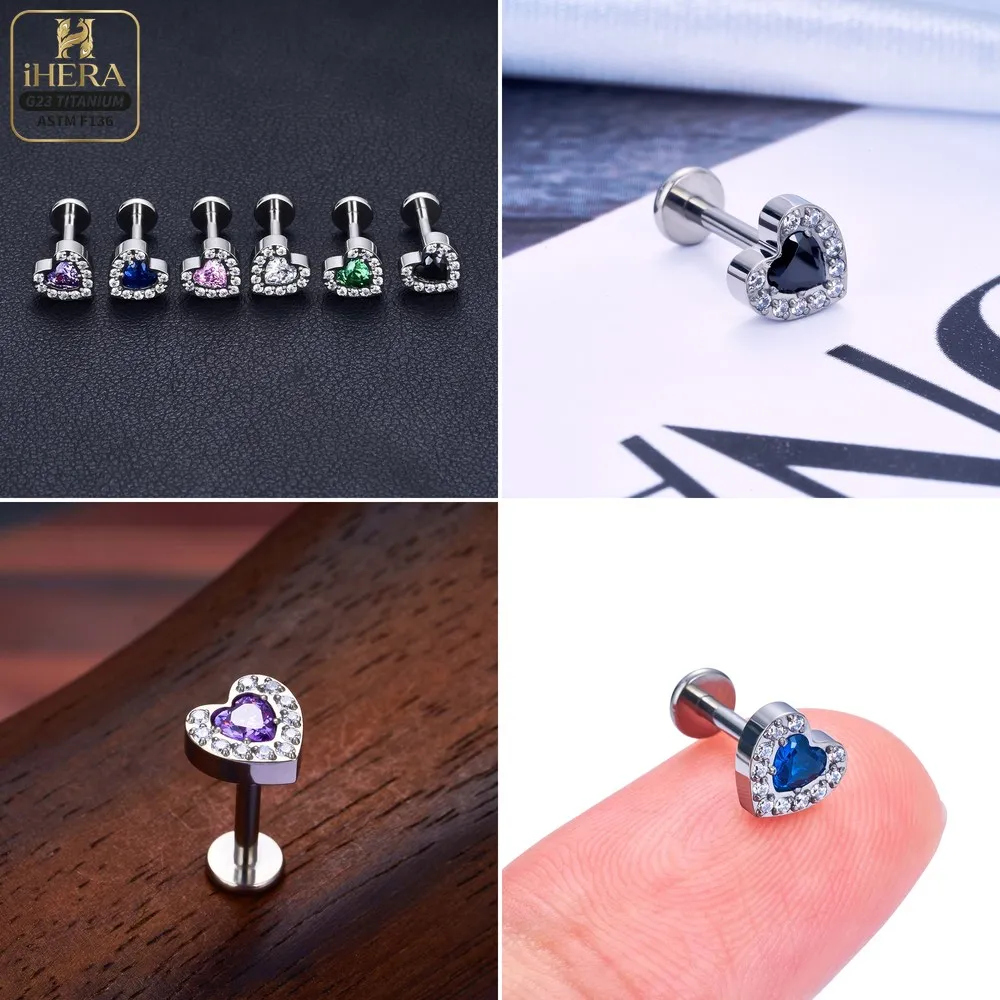 Lip Ear Cartilage Lobe ASTM F136 Titanium CZ Paved Crystal Heart Triangle Flatback Internally Threaded Piercing Jewelry Lot