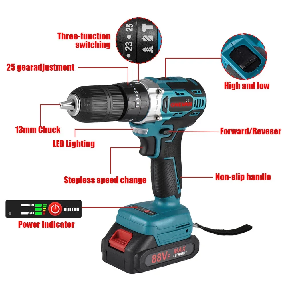 ONEVAN Brushless 25+3 Torque Electric Drill 450N.M Cordless Electric Screwdriver Impact Drill Power Tools For Makita 18V Battery