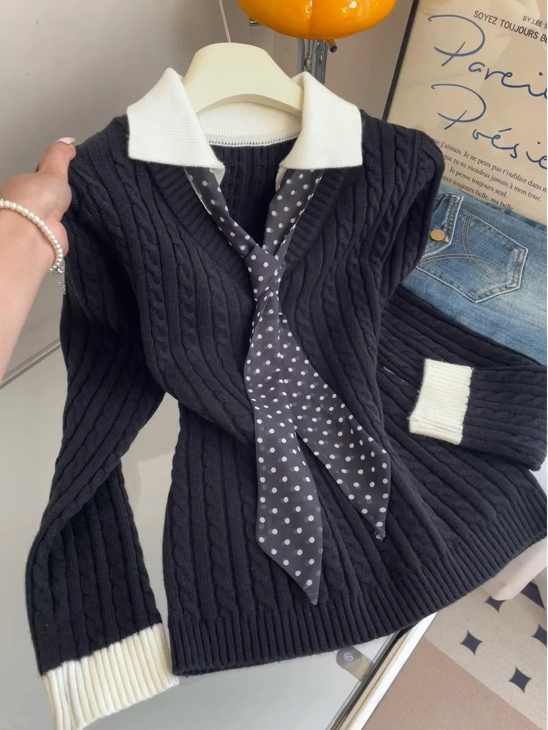 

Color Blo Fake из двух предметов Ne Long Sve вязаный свитер женская мода осень-зима внутренняя одежда облегающий топ модный