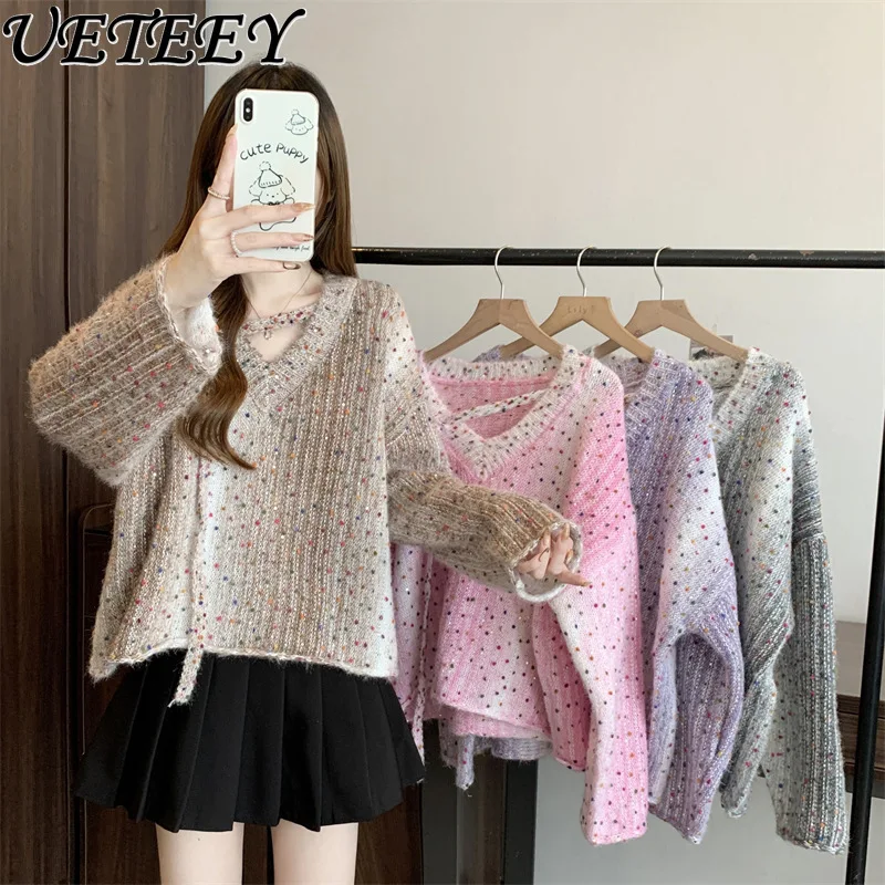 

Korean Beaded Colorful Polka Dot Patchwork Soft Glitter Sweater for Women Autumn New Fashion Elegant Long Sleeve Pullover Top
