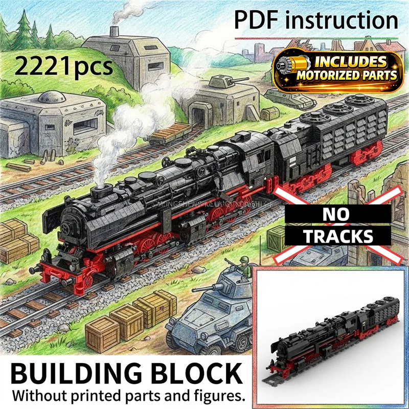 Vintage Heavy Steam Locomotive Engine with Coal Tender  Red Wheels Railway Block Model for 249188 MOC