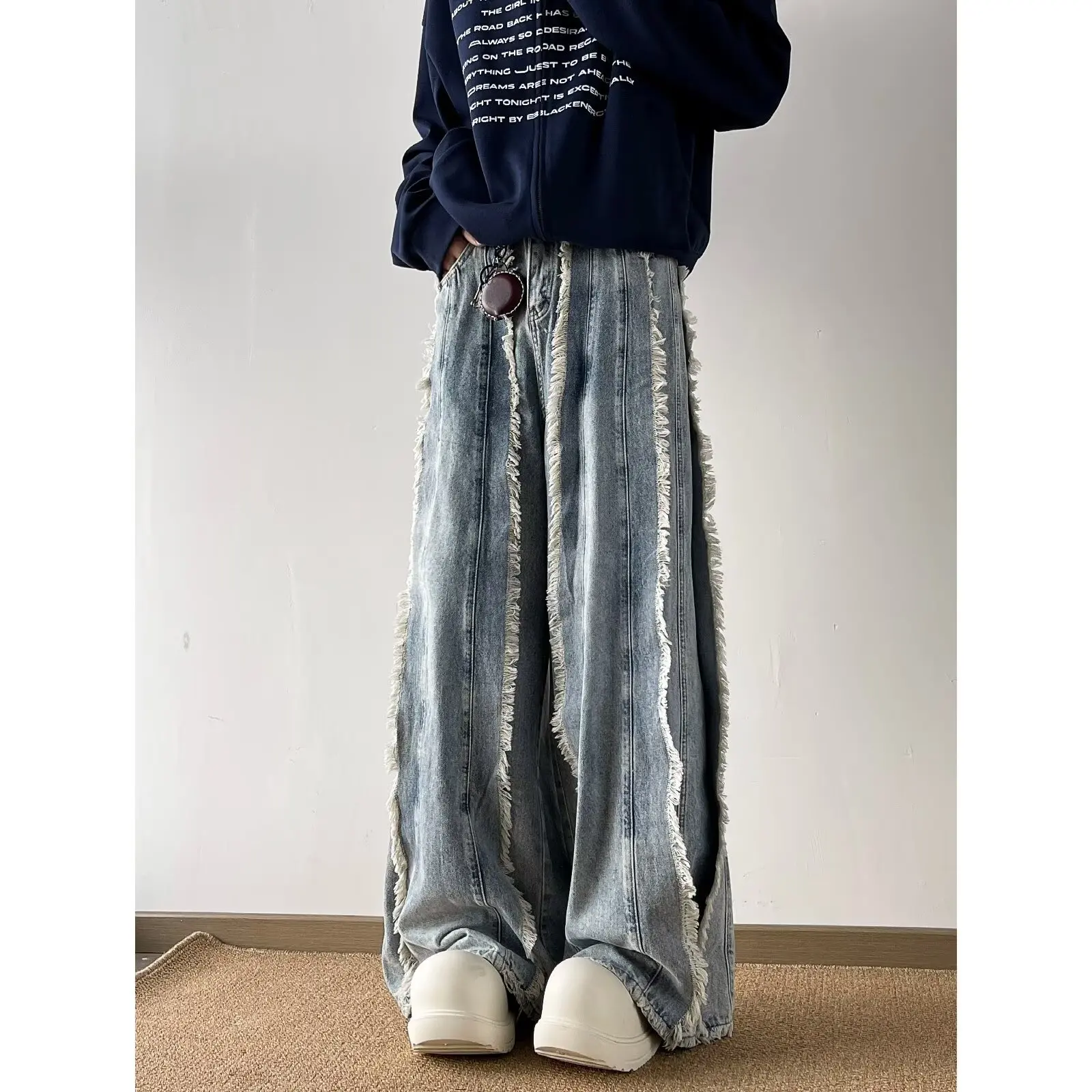 

Men Jeans Women Denim Macrame Wash Loose Full Length Cargo Pants Couple Vintage Fahsion High Street Casual Trousers Luxury Brand