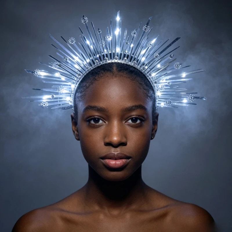 Cold White LED Sunburst Halo Crown, Silver Radiant Angel Headpiece with Rhinestone Gems, Glowing Headband for Photoshoot Stage