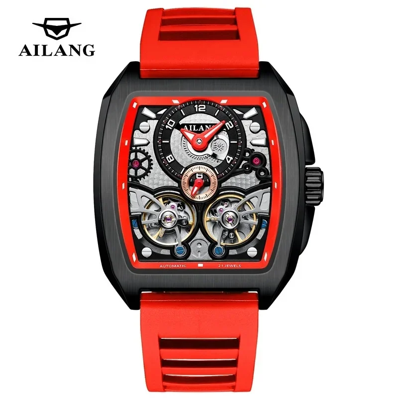 AILANG-8855 Automatic Mechanical Watch, Tonneau Case, Double Flywheel Skeleton Dial, Green Silicone Strap Sport Waterproof Wrist