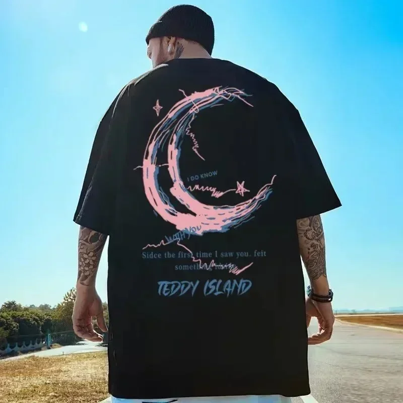 Camiseta Oversized para Hombre, Talla 8XL, Moda Americana Vintage, Estampado de Luna Rosa, Manga Corta, Versátil, Pareja 3