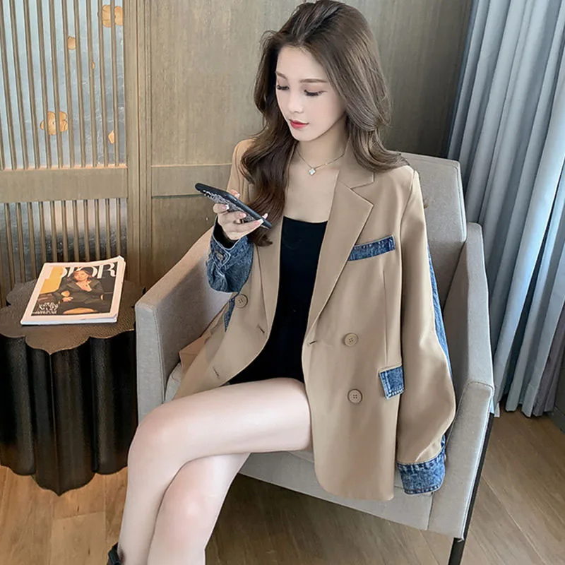 Unique Design Denim Stitching Blazer Jacket Women Spring Autumn New Cowboy Suit Coat Female Casual Outerwear Blazer Ladies Tops