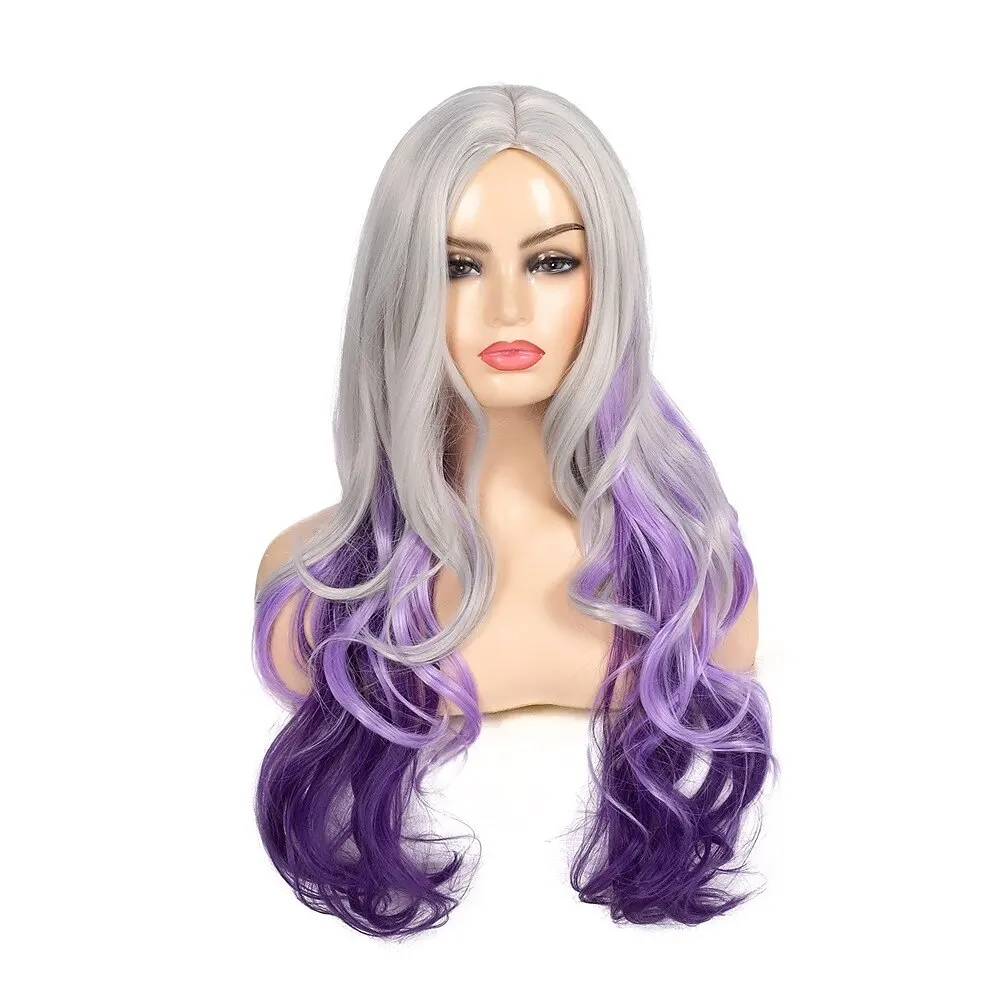 HAIRJOY Synthetic Hair  Long Curly Wavy Silver Grey to Purple  Wig Side Part  Cosplay Wigs for Women Halloween Wig