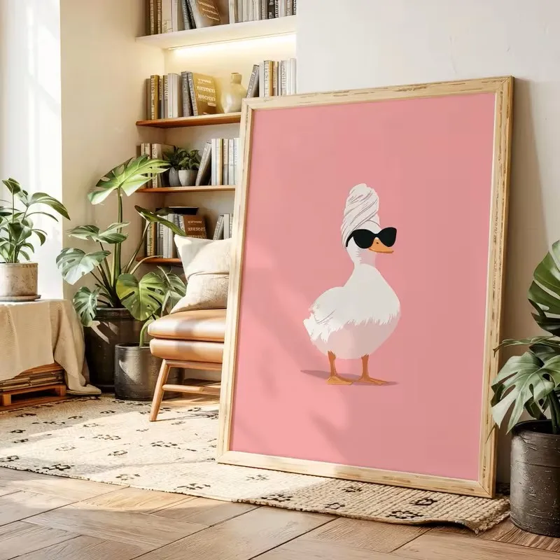 

Retro Duck with Glasses Towel Canvas Poster Wall Art, Pink Aesthetics, Animals, Interesting Bathroom or Bedroom Home Decoration