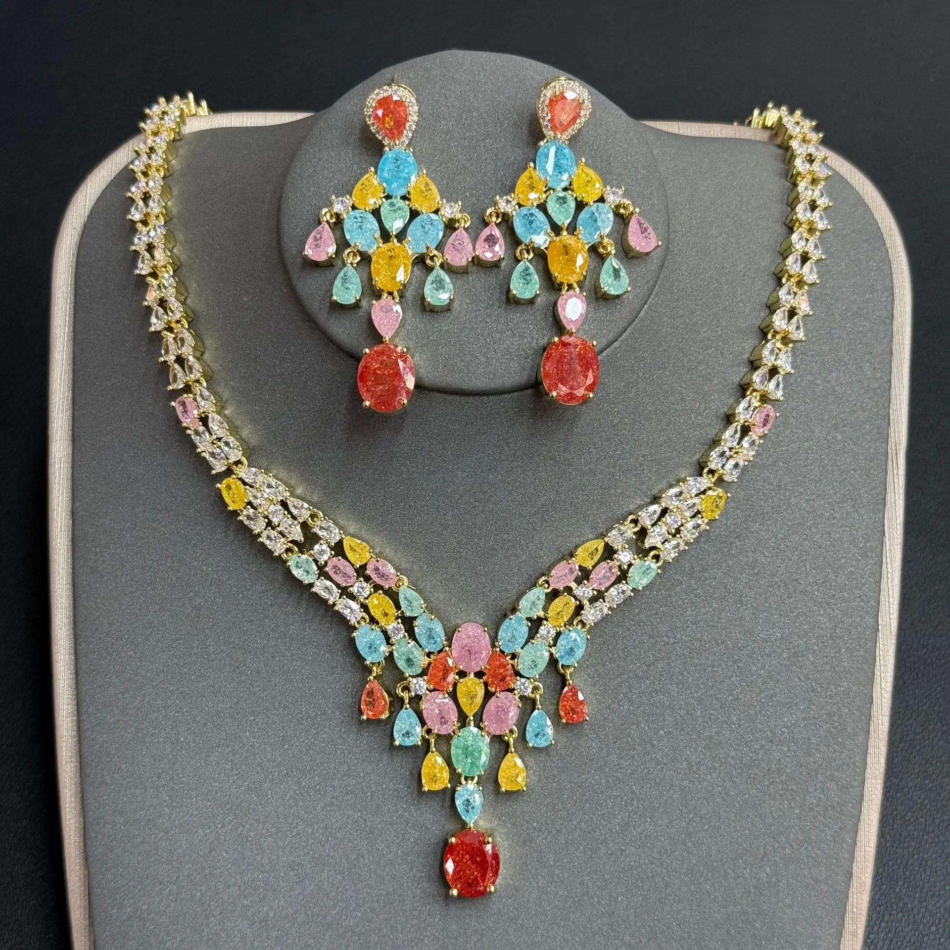 Elegant Noble Teardrop CZ Bridal Matching Set Heavy Workmanship Sparkling Zircon Necklace & Earrings Ladies Evening Gown Accesso
