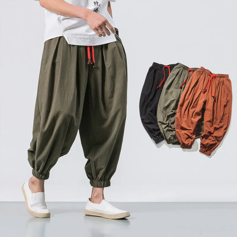 

2024 Men Loose Plus Size Lantern Pants Summer Chinese Style Vintage Cotton Linen Elastic Waist Stretching All-match Trousers