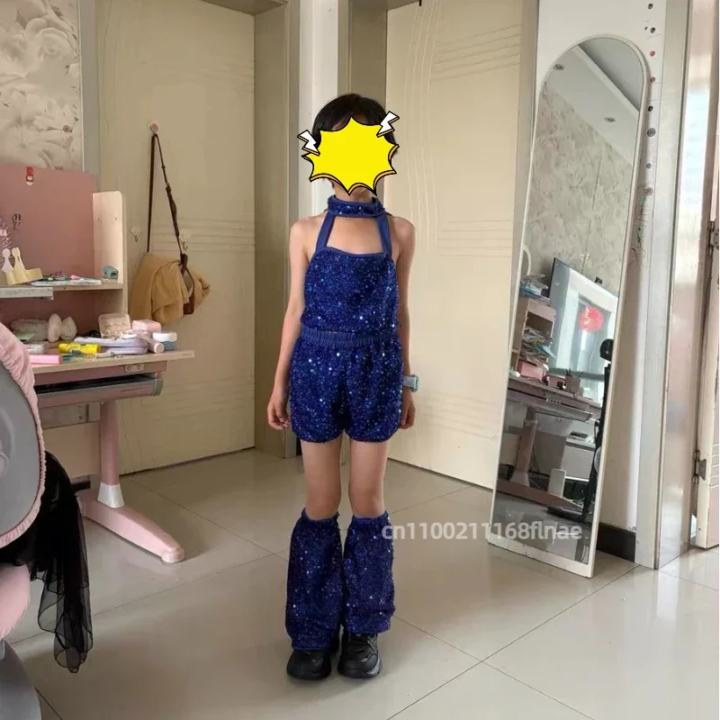 Kostium do jazzu dla dzieci z cekinami, strój na występ na scenie dla dziewcząt, niebieski garnitur, zestaw do hip-hopu dla dziewcząt z cekinami do tańca ulicznego