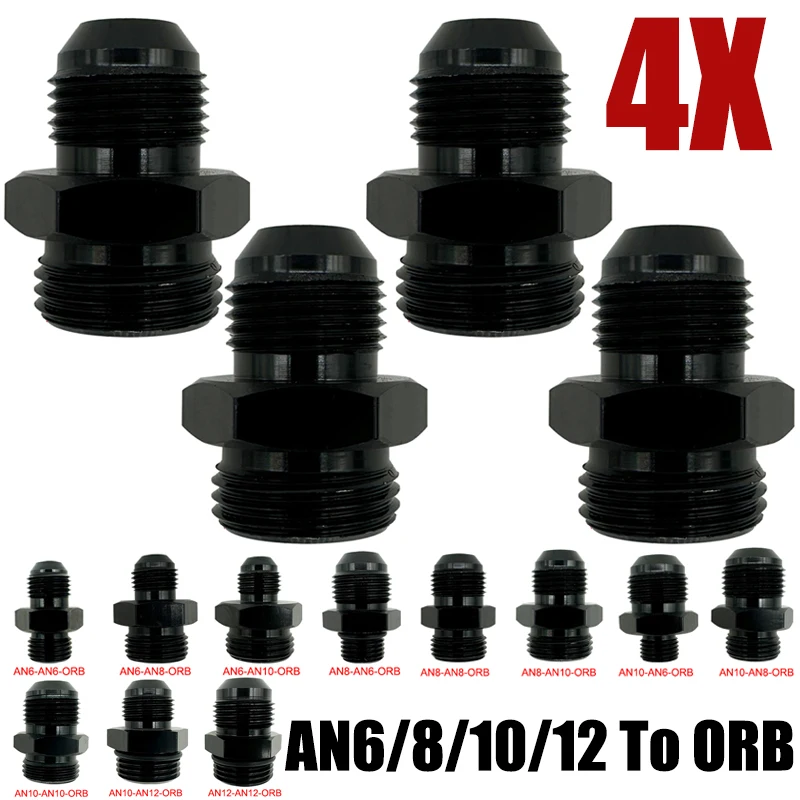 4X Fuel Line Hose Fitting Male Adapter ORB-6 ORB-8 ORB-10 ORB-12 O-Ring Boss To 6AN 8AN 10AN 12AN Aluminum Flare Fitting Black