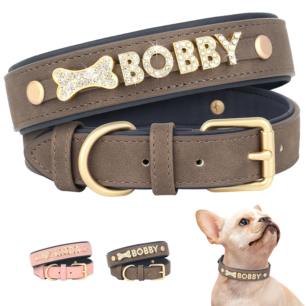 Personalized Soft Dog Collar PU Leather Puppy Cat ID Collars Free Rhinestone Charm Dog Accessory For Small Medium Dogs Chihuahua