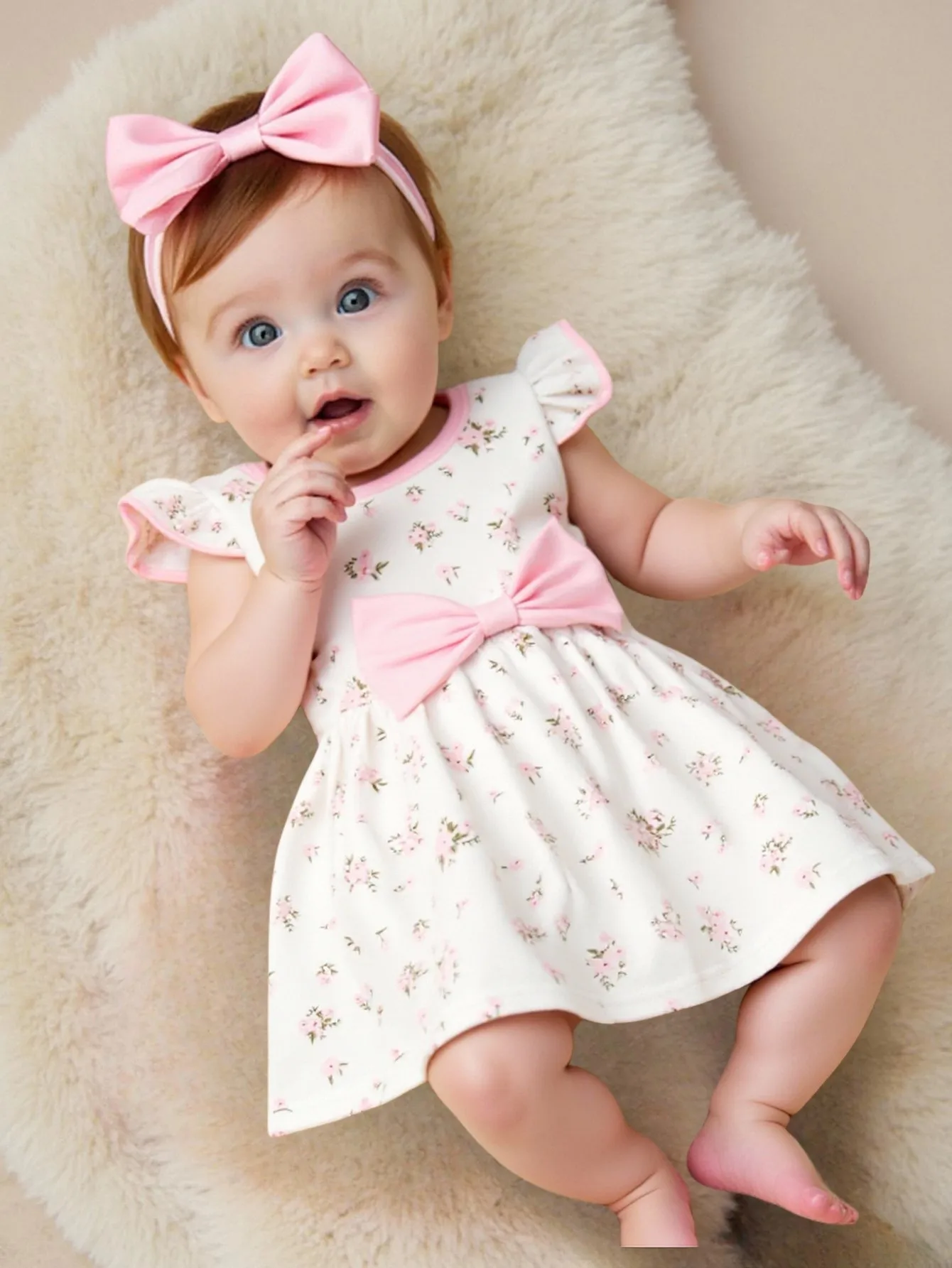 Baby Girls Summer Dress Cute Sweet Round Neck Floral Print Flared Sleeve Loose Bowknot Decorated Casual Outfit for Kids