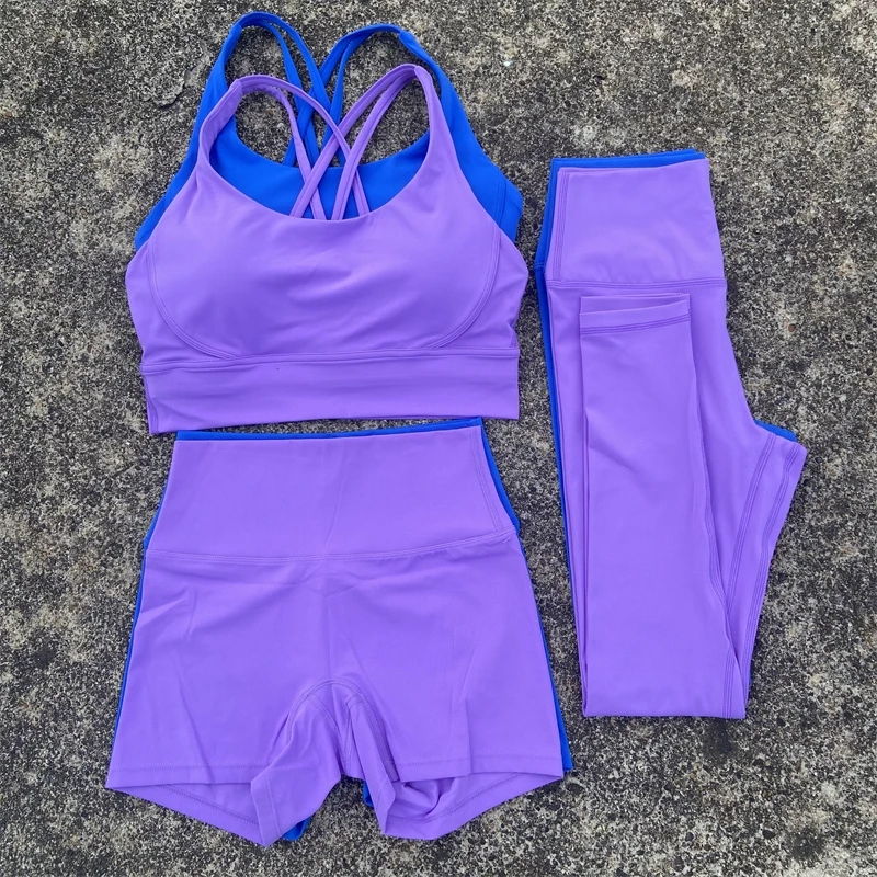 3 Piece Yoga Sports Set Gym Set Women Workout Clothes Fitness Suit Cross Straps Bra High Waist Shorts Leggings Running Tracksuit