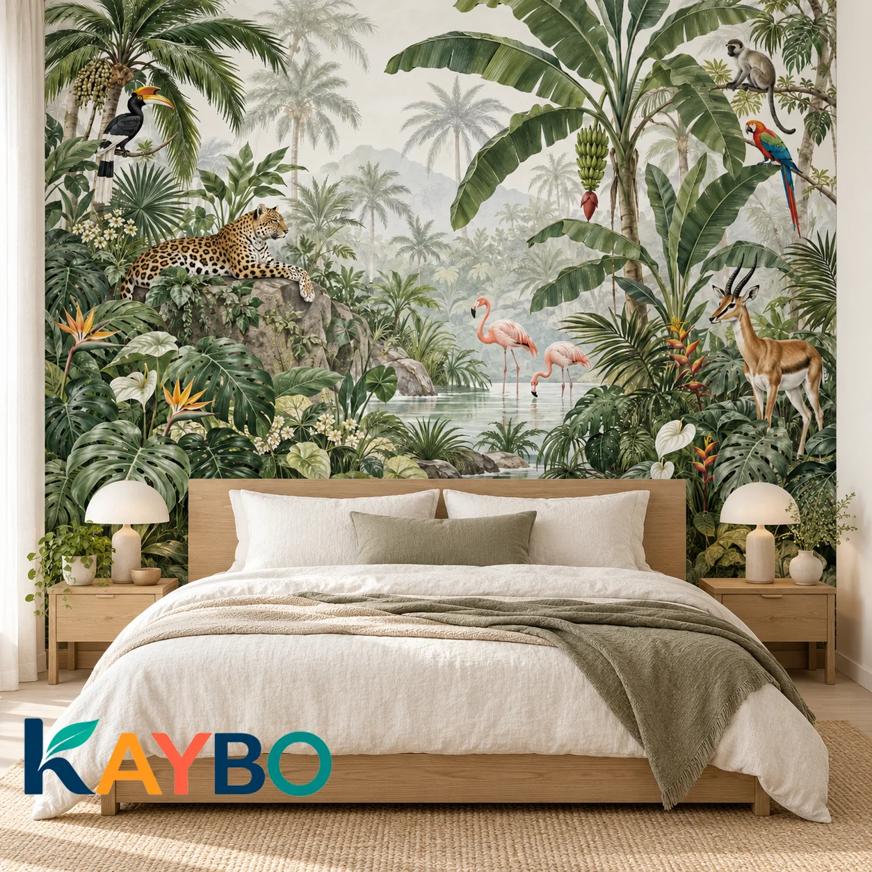 Tropical Jungle Wallpaper Mural, Safari Animals, Palm Trees, Leopard, Flamingos, Exotic Botanical Wall Decor, Non Self Adhesive.