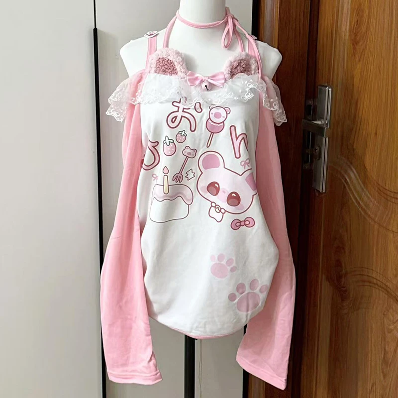 Women clothing Kawaii arcane Anime Printed T-shirt Autumn New Subculture Pink Long-sleeved T Shirt Fashion Halter Design Sense