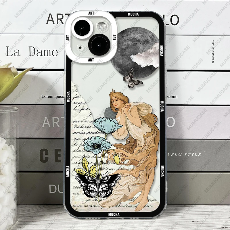 Funda para iPhone 16 15 14 13 12 11 Pro Max Mini XS X XR SE 7 8 Plus cubierta suave Alphonse Mucha Art