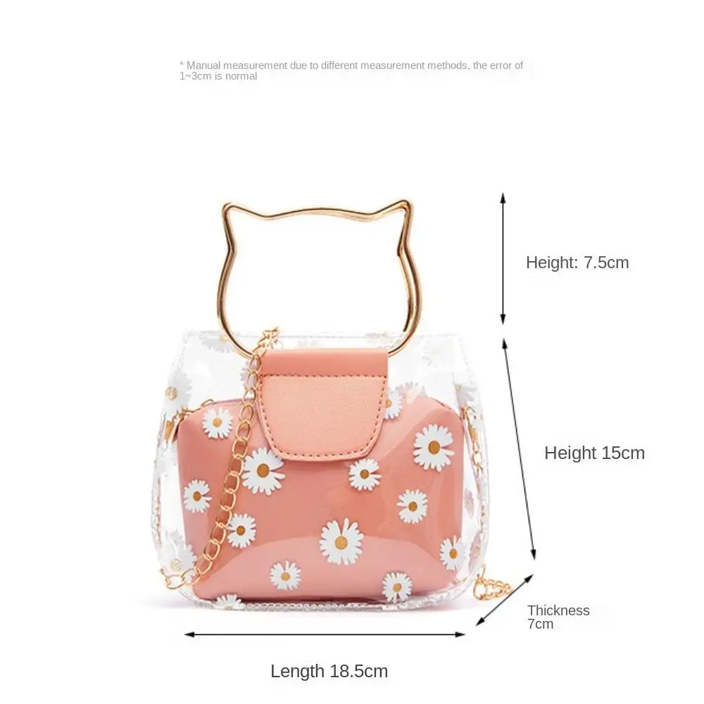 Bolsa de Ombro PVC Transparente para Meninas, Prático Gato Forma Handle Bolsas, Metal Handle, Impressão Daisy, Mini Crossbody Bags