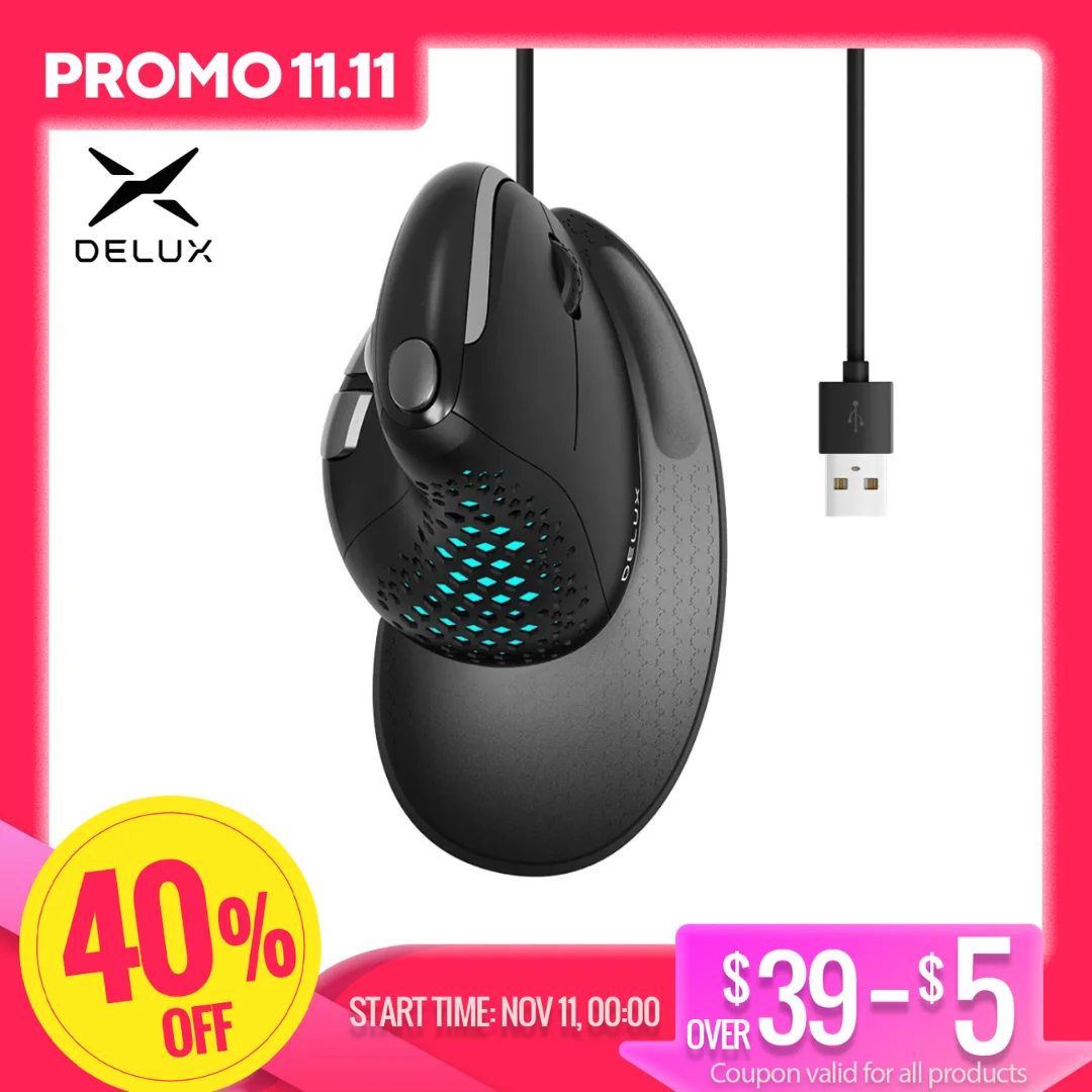 Delux Seeker M618XSU Ergonomic Vertical Wired Mouse RGB Light Removable Back Cover 4000DPI Gaming Mice For Laptop Computer