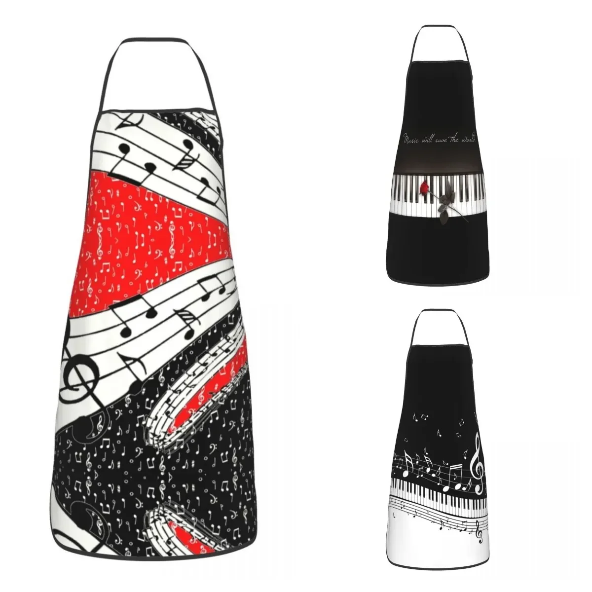 Red And Black Music Theme Apron Women Men Unisex Bib Cooking Kitchen Tablier Cuisine Chef Baking