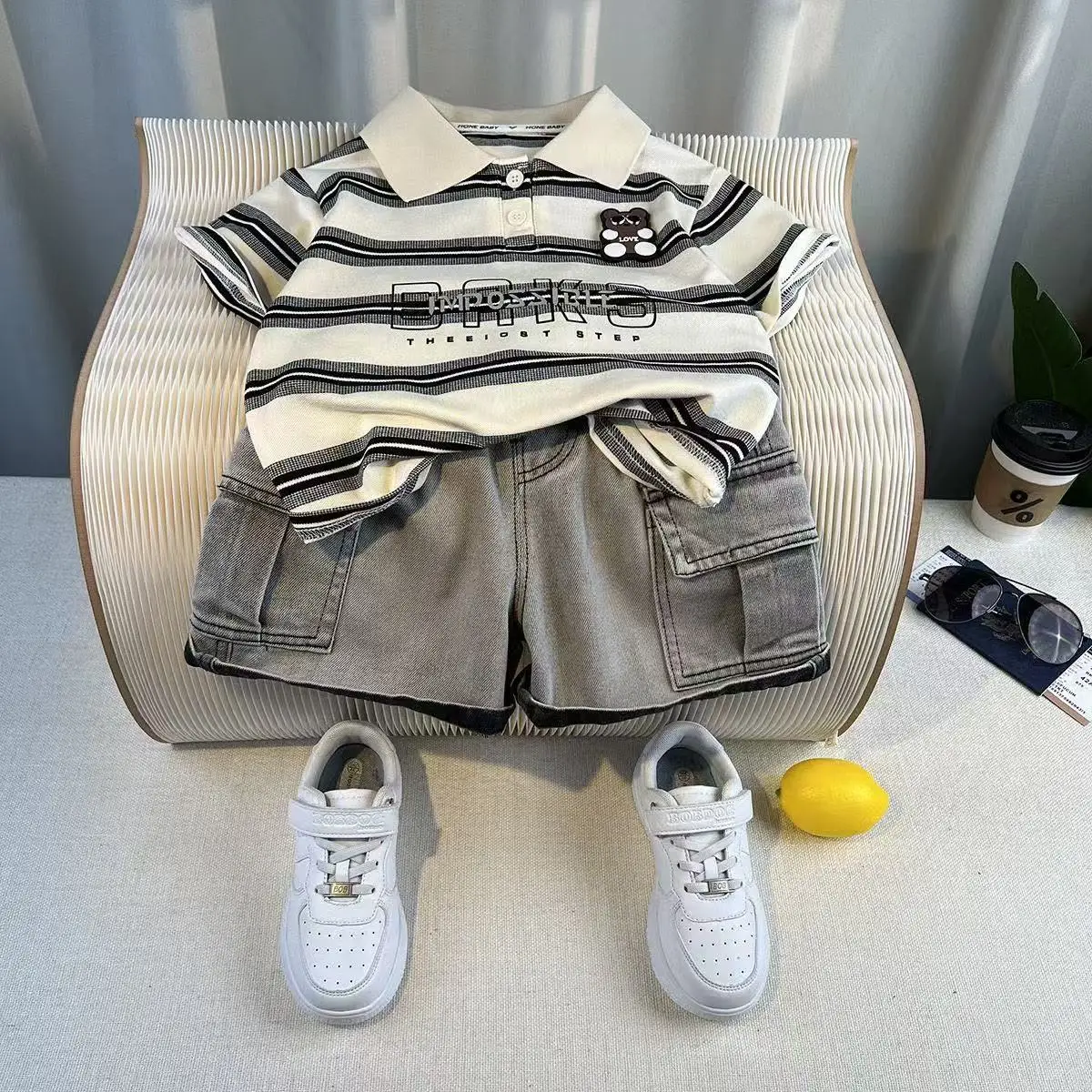 

Children's Summer Set Boys' Short Sleeve Polo Shirt 2025 New Style Handsome Boy's T-shirt+Cowboy Shorts Two Piece Set