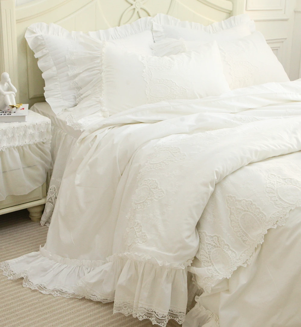 French Korean Princess Style Heavy Embroidery Ancient Vase Floral Full Cotton Bedskirt Set, 4-Piece Duvet Cover Bedding Set