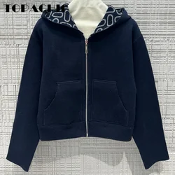 7.12 TOPACHIC Luxury Letter Jacquard Hooded Zipper Cardigan For Women's Double-Deck Wear Cashmere Knit Short Oterwear