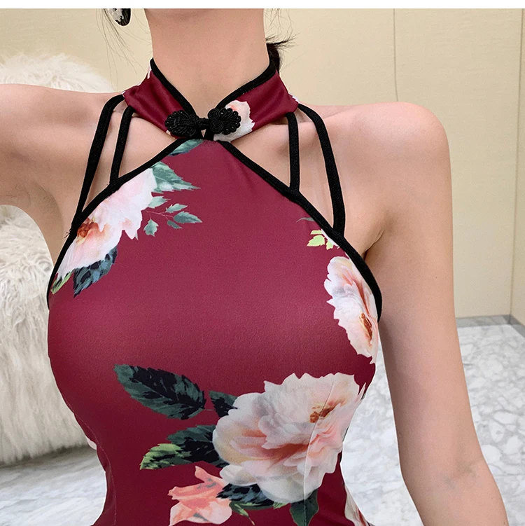 Chinese Style Vintage Woman Dress Halter Collar Sleeveless Hollow Out Female Floral Dress Skinny Office Lady Cheongsam Dresses