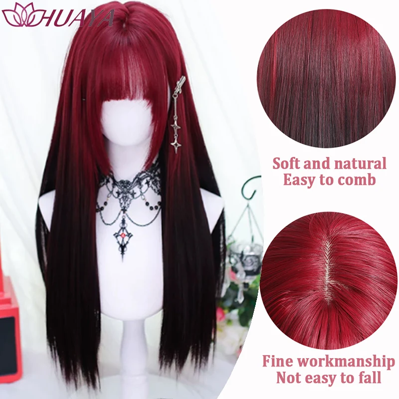 Halloween Red-Black Ombre Long Straight Wig, Synthetic Fiber With Bangs, Easy To Wear Cosplay Wig For Women