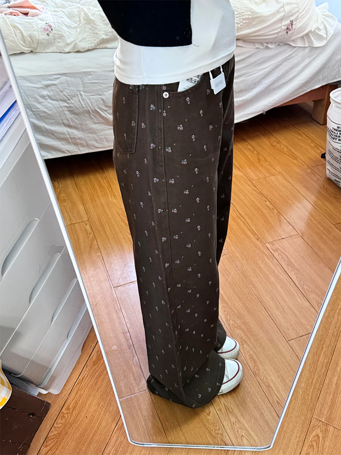 Retro Floral Print High Waist Wide Leg Denim Jeans Women's Autumn Winter Slimming Design Sense Pants a Brown Ladies Jeans