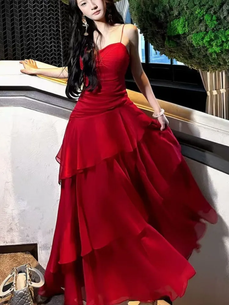 Moda elegante babados em camadas cinta de espaguete vestidos femininos a linha cintura fina chique cocktail festa vestido de noite vestido de férias