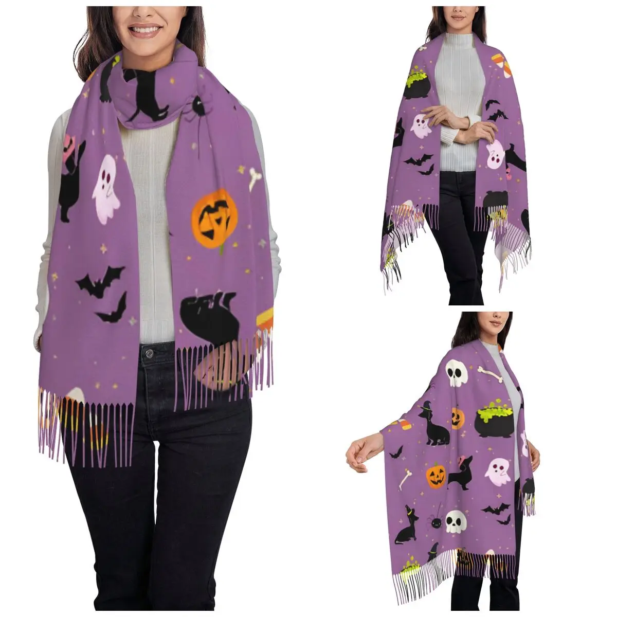 Halloween Dachshund Dog Shawl Wrap Women Warm Single-sided Pattern Scarf Pumpkin Ghost Bat Pashmina Tassel Scarves