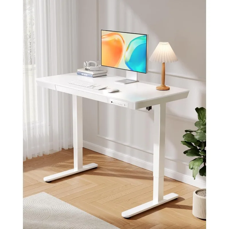 Electric Standing Desk with Drawer, 48 x 24 inch Sit Stand Desk with Preassembled Top & USB Charging Ports, Height Adjustable