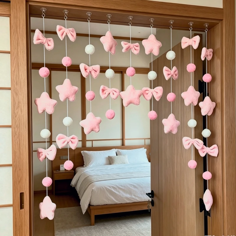 7 Stück/Set Bogenherz-Sternen-Vorhang, Raumteiler, romantischer rosa Quastenvorhang, kurzer Türvorhang, Raumteiler, handgefertigter DIY-Raumteiler – Detail 11