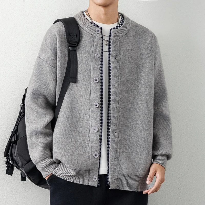 Luxury Retro Design Knitted Cardigan Men's Winter New High-Quality Popular Plaid Splicing Youth Casual Thick Warm sweater Coat