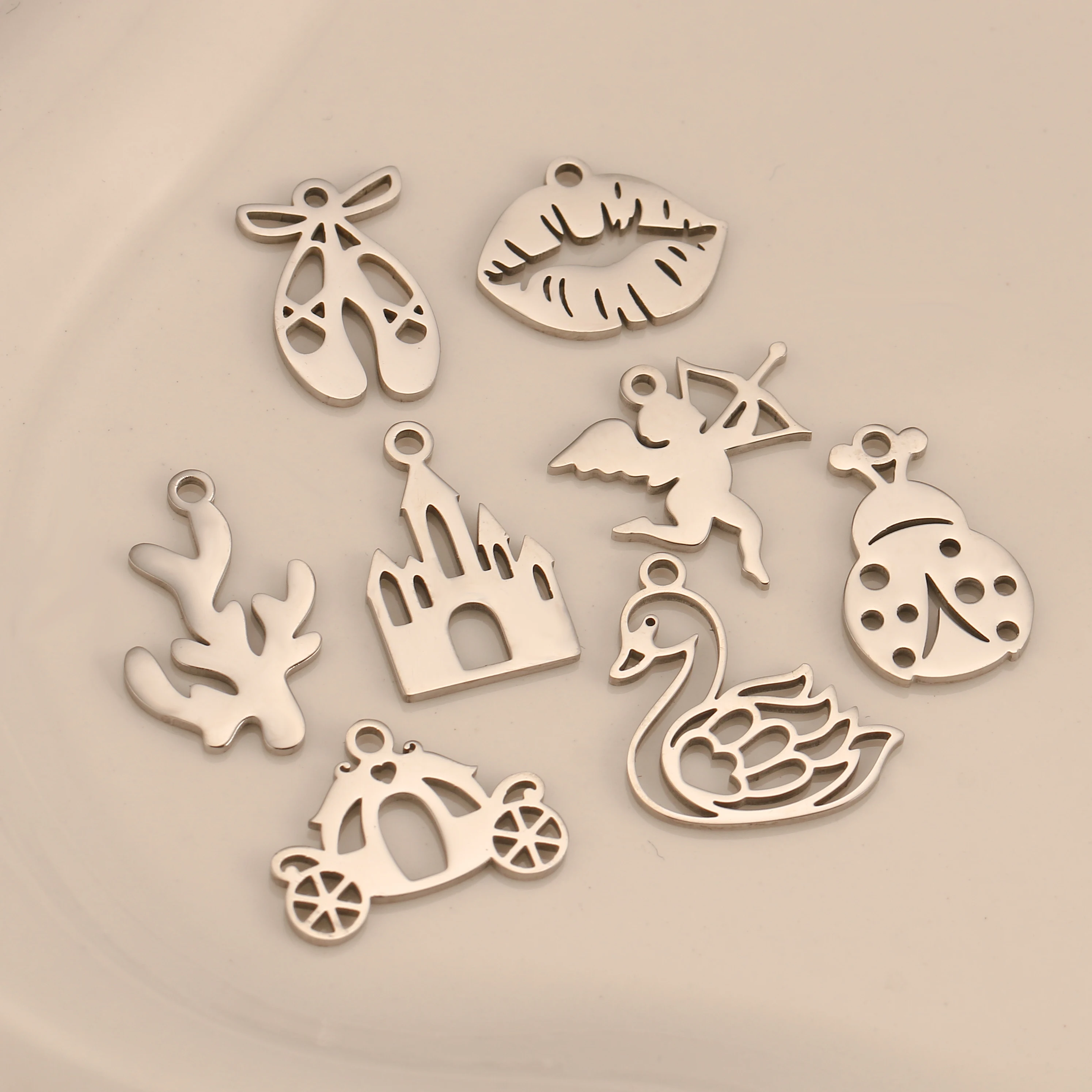 5Pcs Ballet Shoe/Love Angel/Lip Charm Stainless Steel Fadeless Fantastical Castle Pendant DIY Necklaces Bracelet Jewelry Making